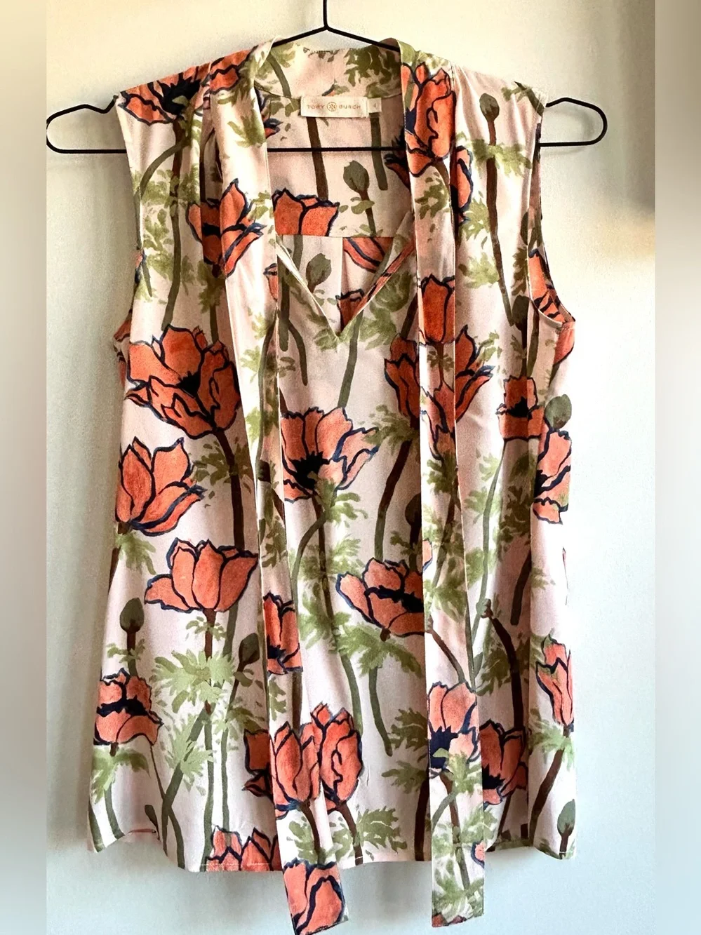 Tory Burch Silk Floral Tie-Neck Sleeveless Blouse in Poppy Print
